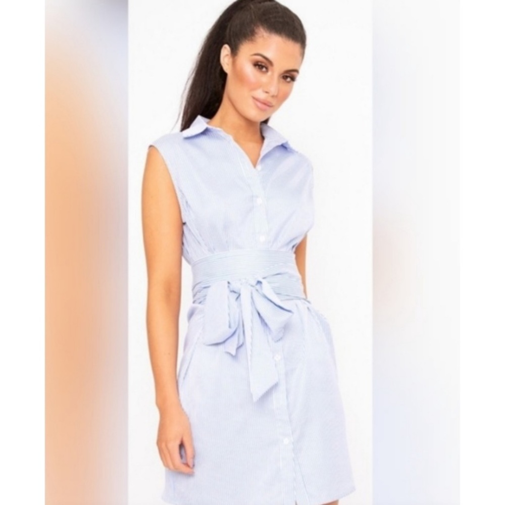 PrettyLittleThing Sleeveless Pinstripe Tie Waist Shirt Dress Size 8